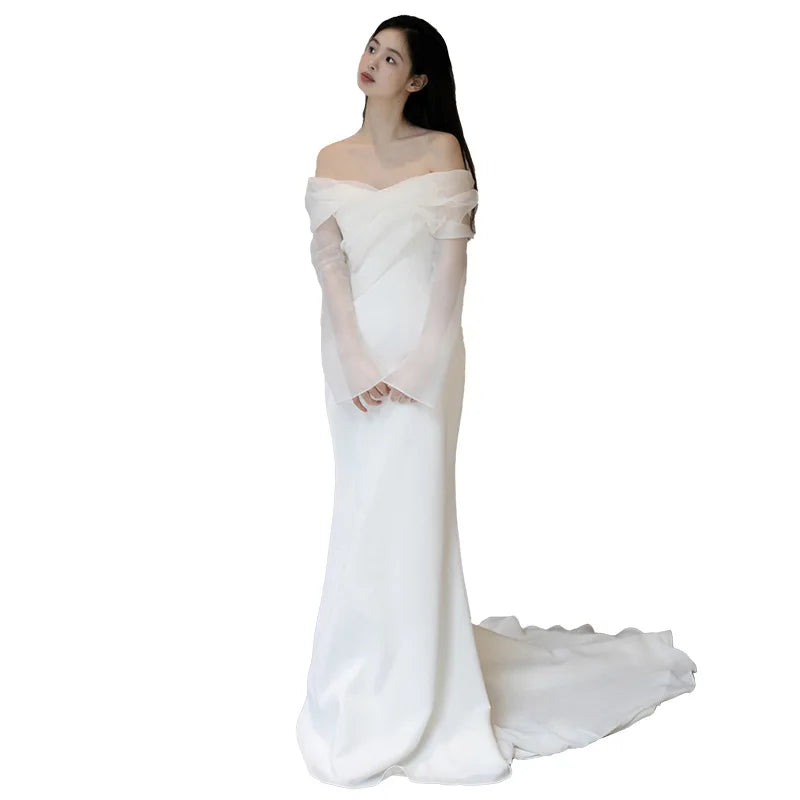2026 Summer New One Shoulder Satin Light Wedding Dress French Travel Photography Bridal Temperament Simple and Slim Fit Dress