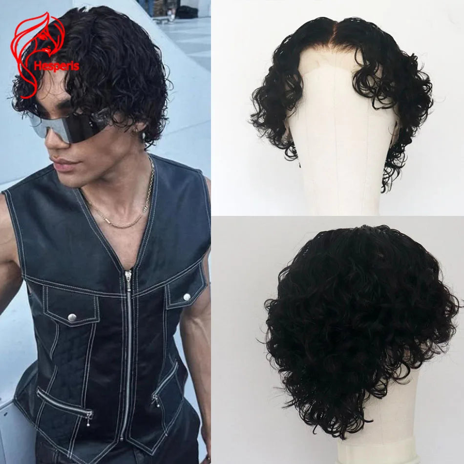 Hesperis Short Curly Wigs Natural Color Lace Front Human Hair Wig Pixie Cut Men's Wig With Bangs Curly Mullet Wig Middle Part