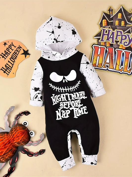 Halloween Newborn  Baby Boy Clothes Infant Baby Boy Romper Long-Sleeve Hooded Cotton Letter Print Nightmare Jumpsuit
