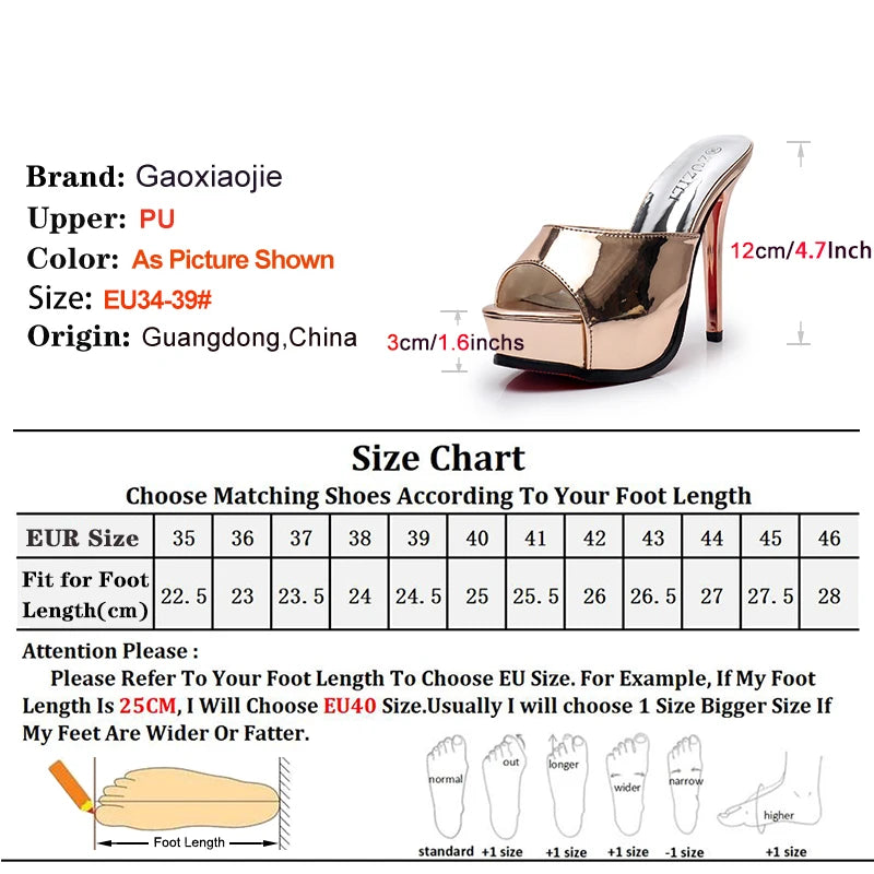 Summer Slippers Women Glossy Leather Gold Silvery High Heels 12CM Party Lady Shoes Mules Fashion Female Platform Slides Sandals