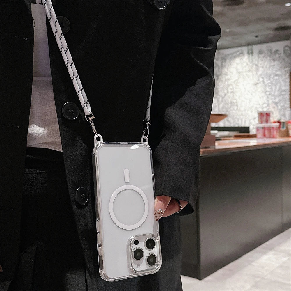 Crossbody Lanyard Necklace Transparent Magnetic For Magsafe Case for iPhone 17 15 11 12 13 14 16 Pro Max Plus Anti-lost Cover