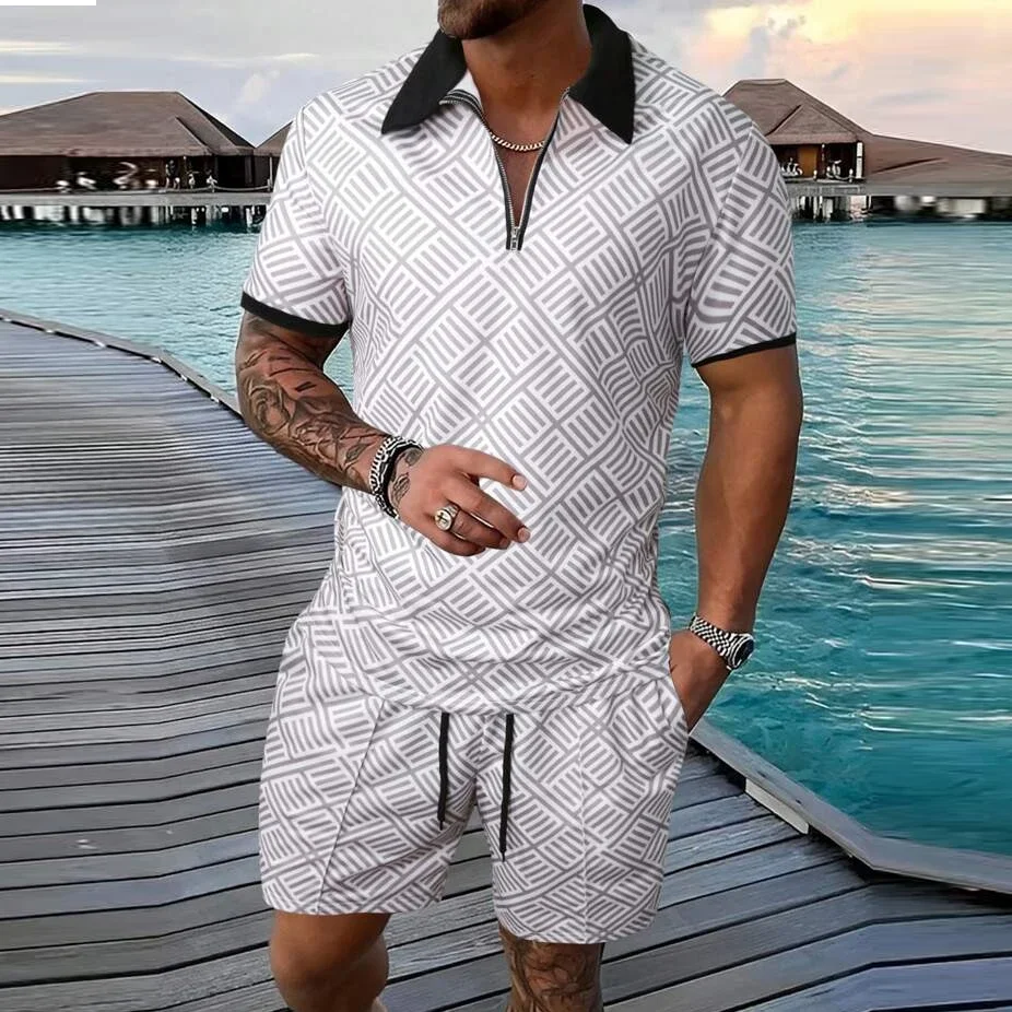 Men Tracksuit Summer New 3D Printed Beach Zipper Polo Shirts Shorts 2 Pcs Sets Boho Geometric Style Holiday Clothing Ropa Hombre