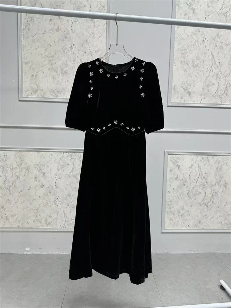 Handmade Nail Beaded Women Velvet Midi Dress Puff Sleeve Slim Waist Female Elegant Evening Dresss Spring Summer