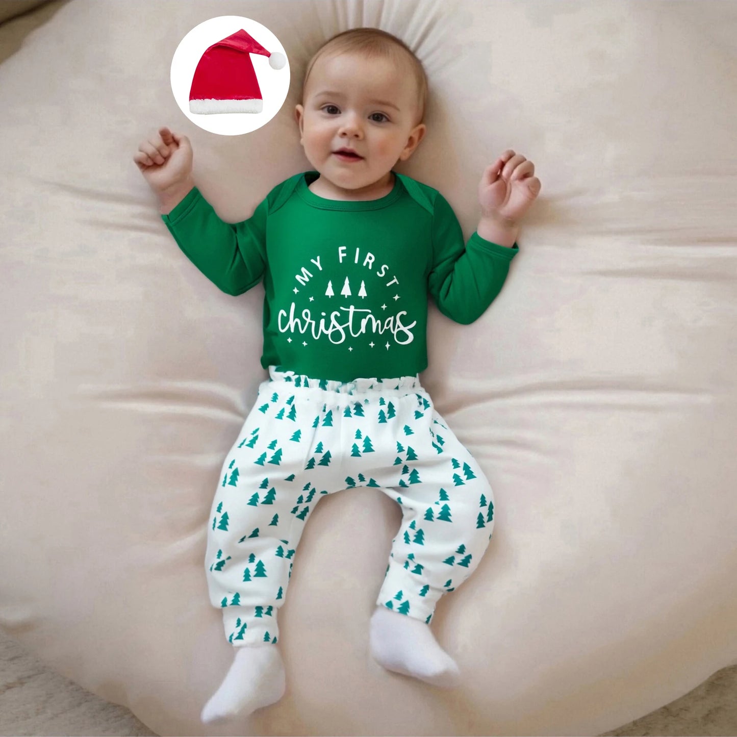 Baby Boy First Christmas Outfit Long Sleeve Truck Tree Print Romper Jogger Pants Hat Newborn Fall Winter Clothes Set