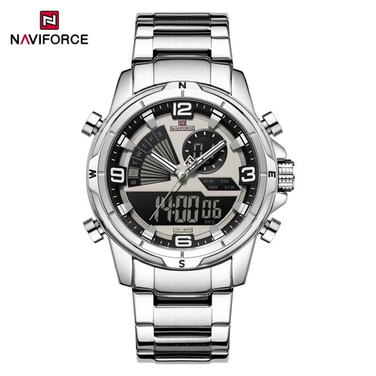 NAVIFORCE Men's Watch 3ATM Waterproof Multifunctional Dual Display with Date Stainless Steel Strap Luxury Business Wristatch