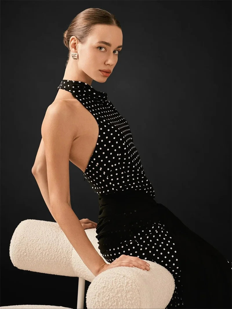 Blifanbo Polka Dot Halter Backless Sexy Maxi Dress Women Gown Ribbon Patchwork Off-shoulder Sleeveless Fashion Club Party Dress