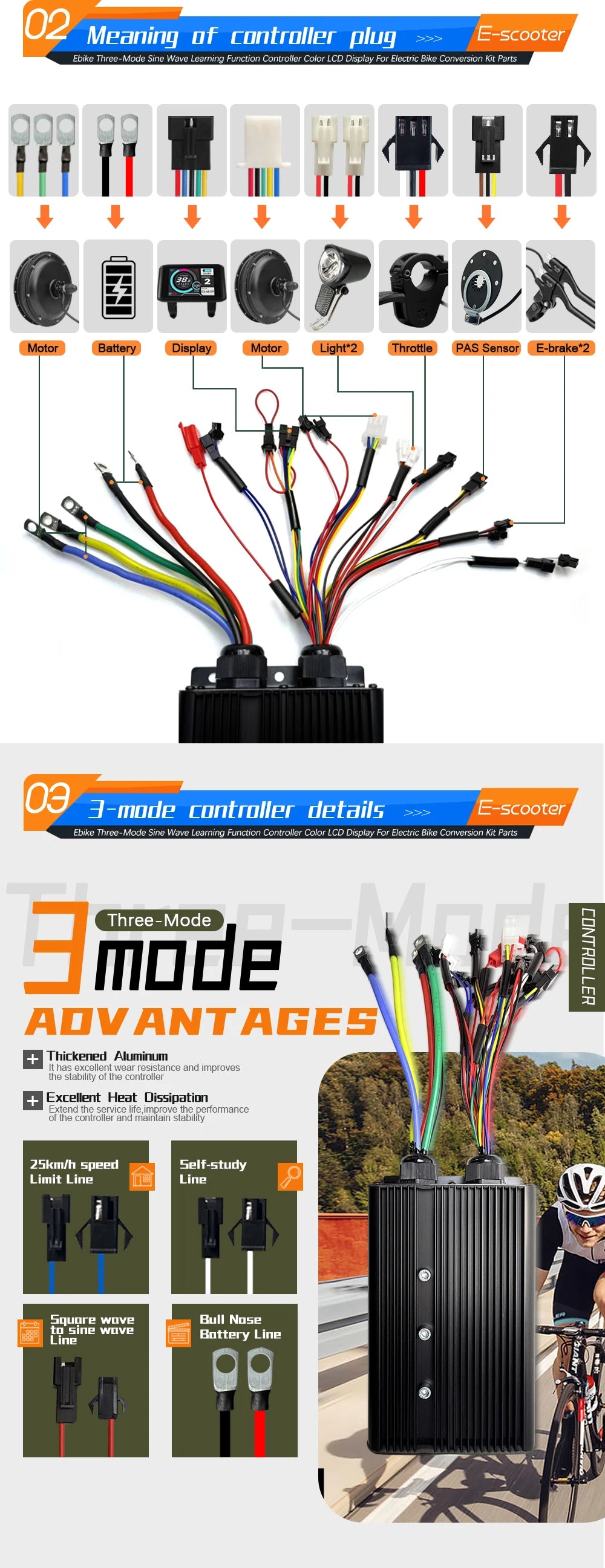 Electric Bicycle 80A BLDC Sine Wave/Square Wave 3 Mode Controller 48V72V3000W5000W Throttle PAS E-Brake Display for Ebike Scoote