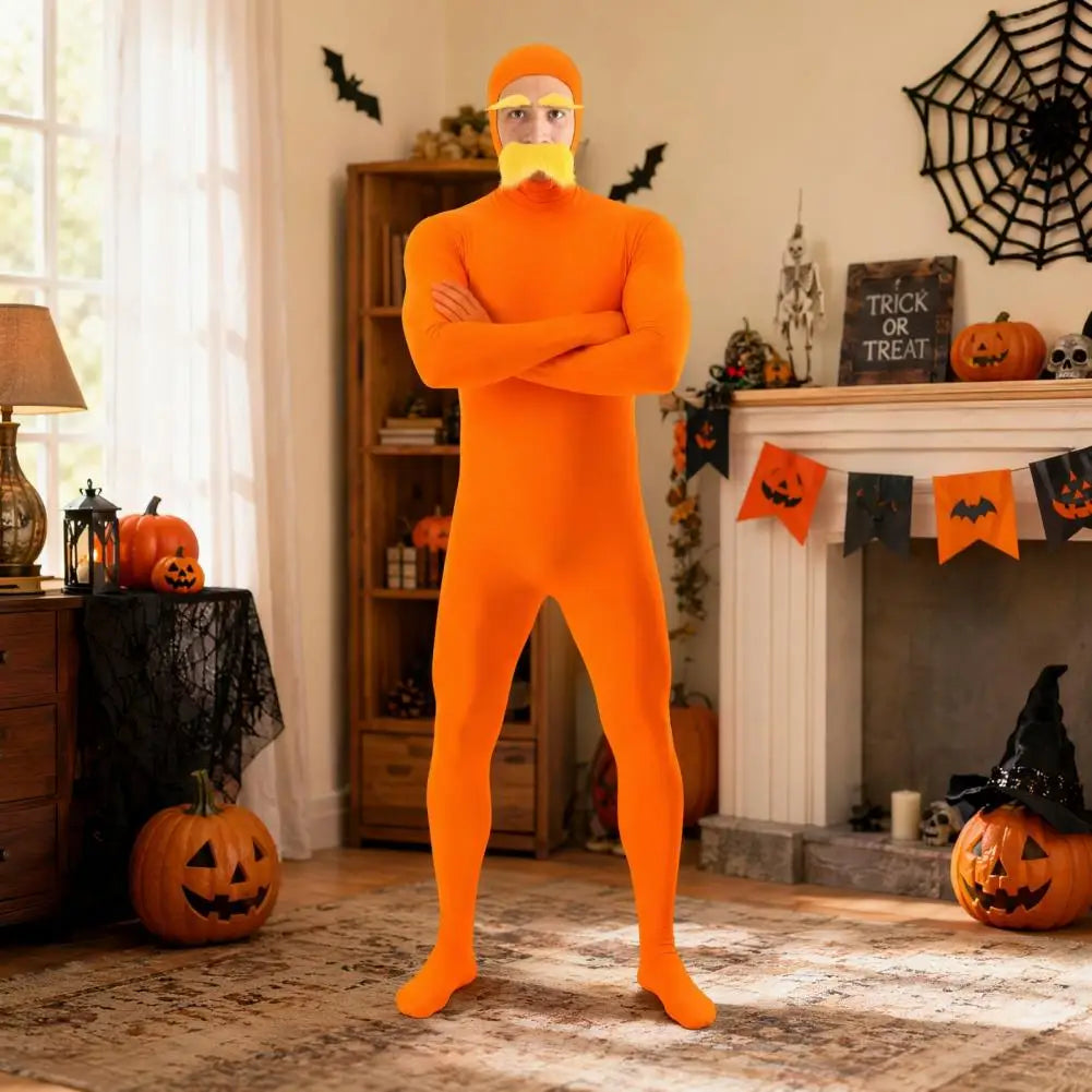 Halloween Dress Up Costume Unisex Full Body Orange Bodysuit for Men Women, Adult Cosplay Jumpsuit for Halloween Party