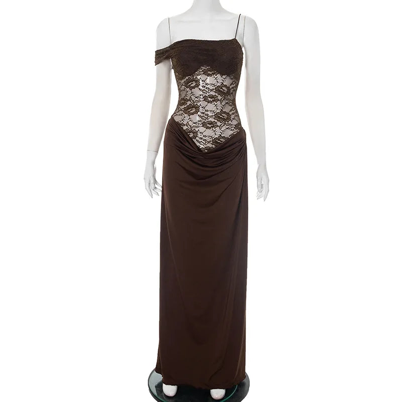 XIAOTANG One Shoulder Lace See Through Sexy Maxi Dress Women Gown Fashion Off-shoulder Sleeveless Backless Club Long Dresses