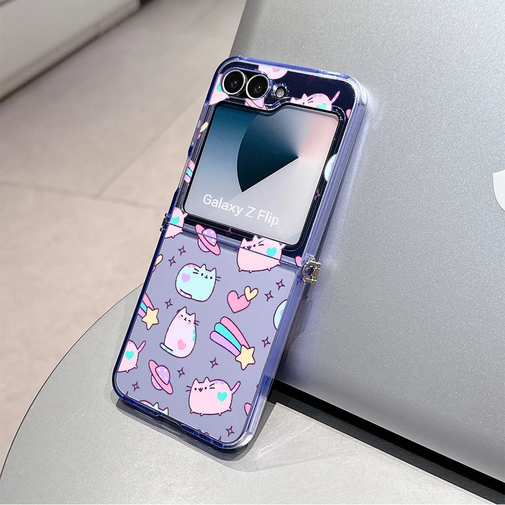 Cute Cartoon Funny Donuts P-Pusheens Cat Phone Case for Motorola Moto Razr 40 50 60 Ultra 5G Semi-transparent Foldable TPU Cover