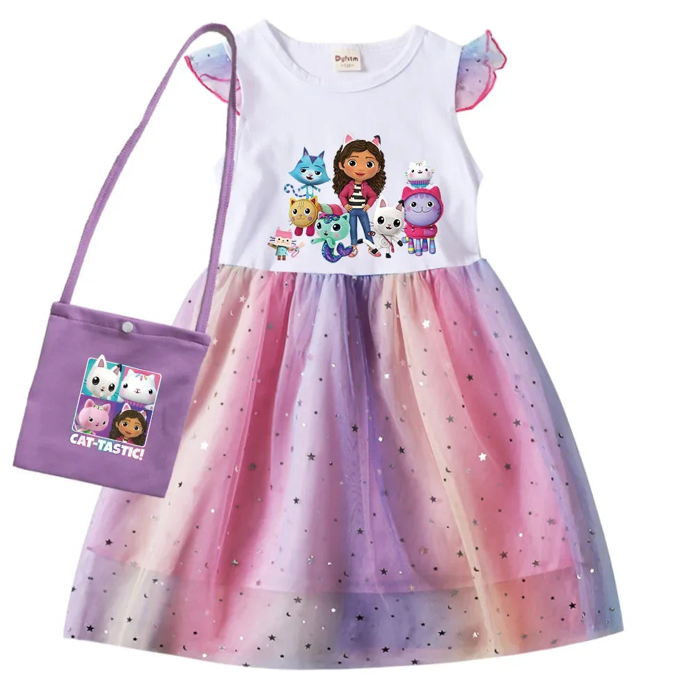 2024 Girls Summer Dresses Gabbys Dollhouse Girls Cat Tastic Costumes Kawaii Kids Birthday Party Princess Dress with Headwear Bag