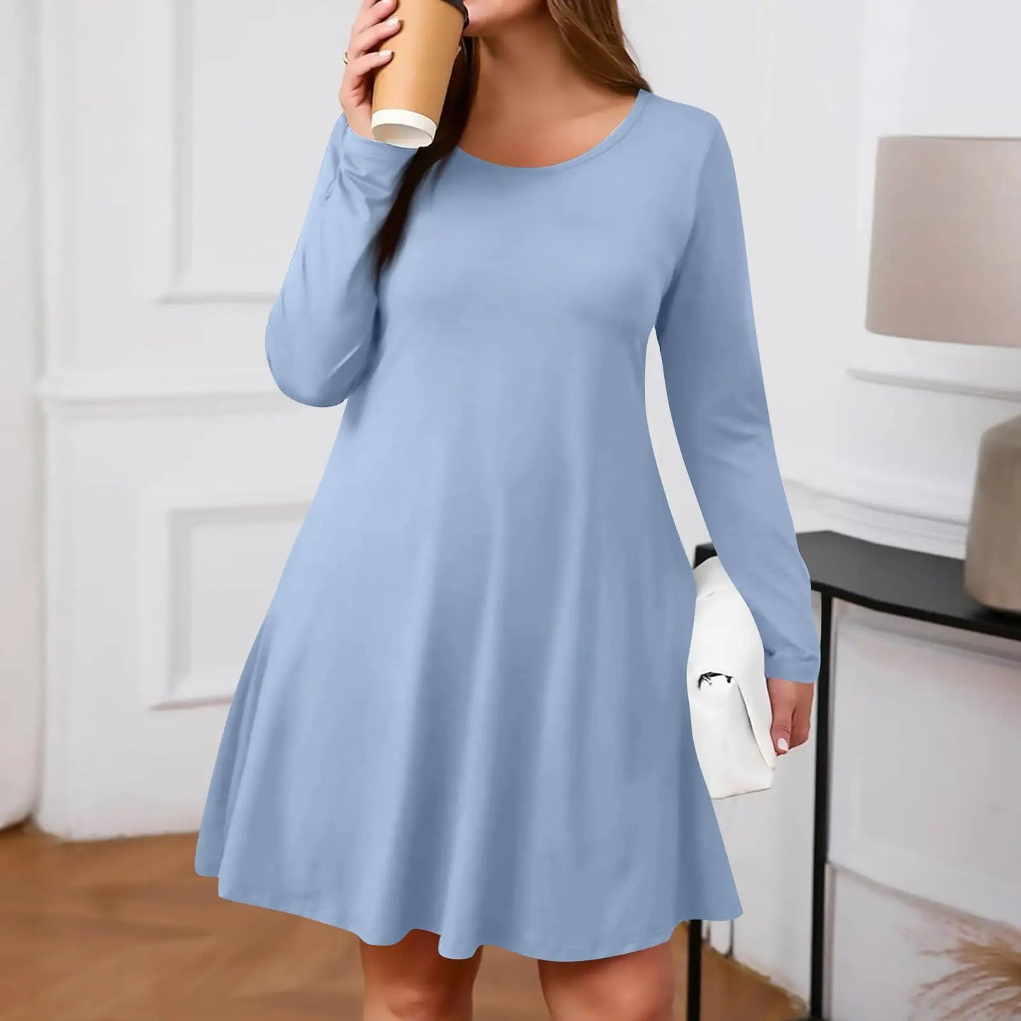 Plus Size Dress for Women Solid-Colour Casual Dress Spring/Autumn Pocket Round Neck Long-Sleeved Dresses vestidos femenino