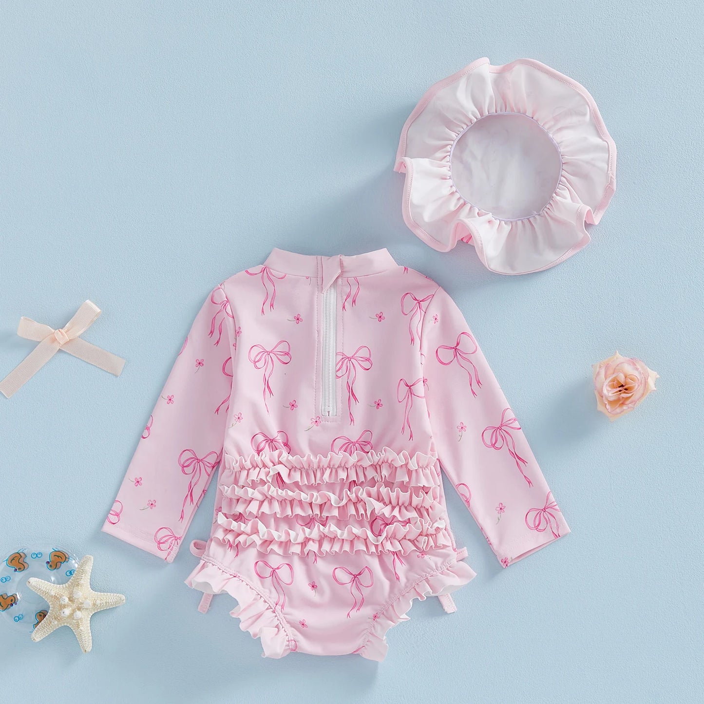 Toddler Baby Girl Rash Guard Swimsuit Bow Print Ruffled Long Sleeve Round Neck Beachwear Jumpsuit and Hat Swimwear 2Pcs Set