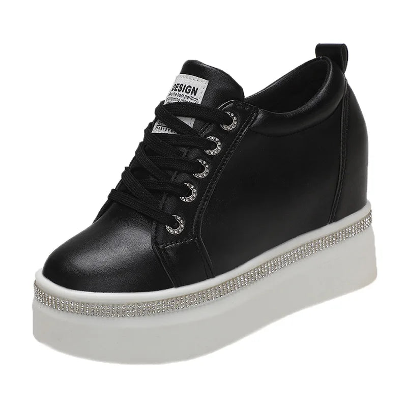 Comemore Internal High Vulcanised Shoes Women Spring Autumn Thick Bottom Casual Single Shoes Lace Up Black White Sneakers Women
