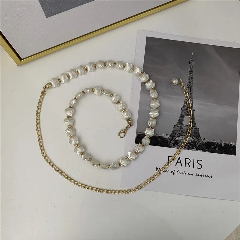 Shell Pearl Waist Chain Women Thin Metal Belt Dainty Body Jewelry Versatile Accessory for Dresses