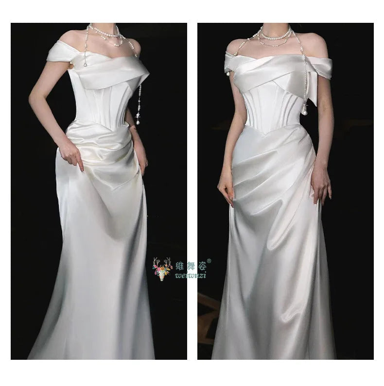 French Style Luxury Pleat Satin Strapless Light Wedding Bridal Dress Off-Shoulder Light Wedding Dress Birthday Party Prom Gowns