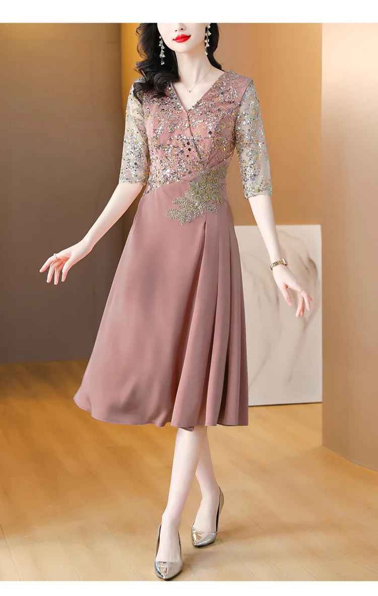 Summer New Sequins Luxury Chic Evening Wedding Dress 2024 Women's Elegant Bodycon Midi Dress Satin Vintage Casual Party Vestidos
