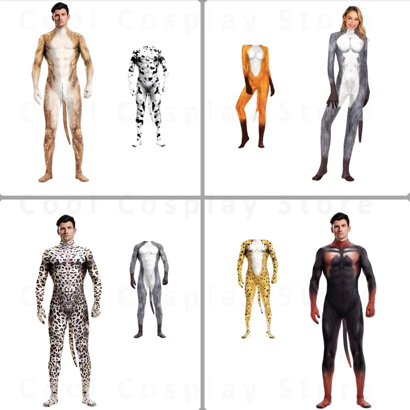 Halloween Costume  Adult Mens Wild Animal Cosplay Costume Full Cover 3D Print Beast Petsuit Jumpsuit Bodysuit Tail