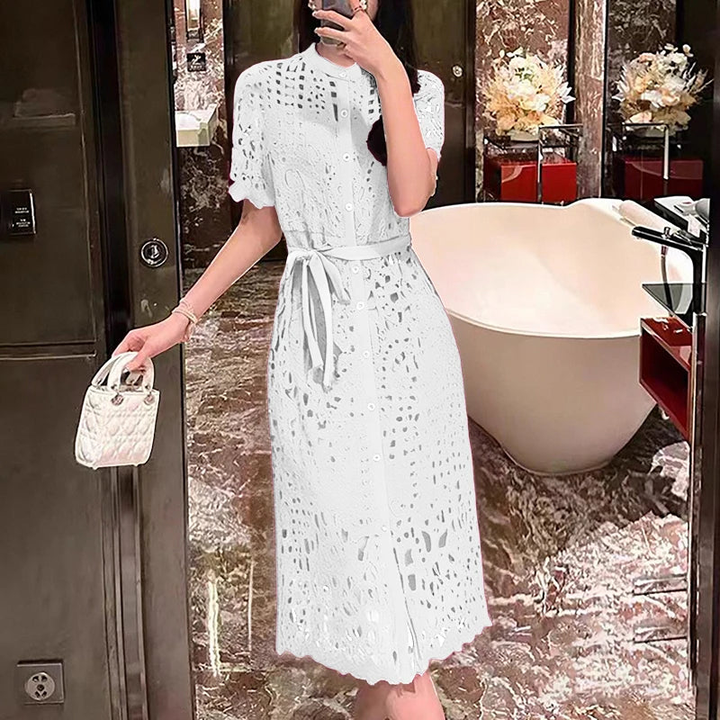 ZANZEA Elegant Lace Sundress Women Vintage Lace-Up Office Dress 2025 Summer Solid Hollow Out Vestidos A-Line CasualRobe Femme
