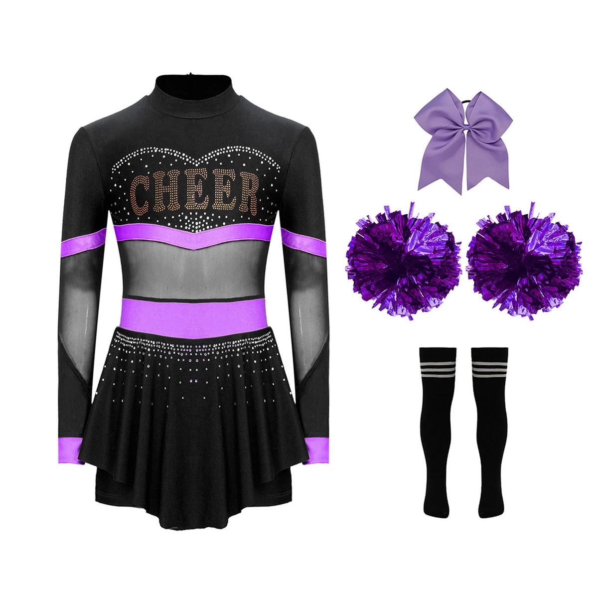 Girls Cheerleader Costume Long Sleeve Cheerleading Uniform Children Cheer Dance Dress Hand Flower Socks Stage Dancewear Sets