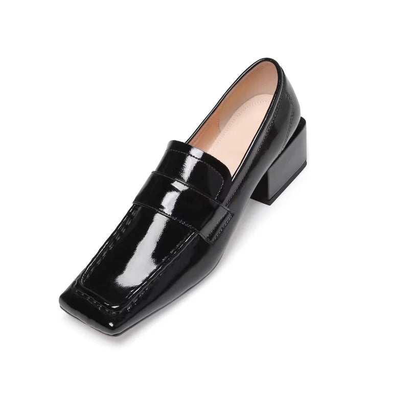 Womens Red Shoes Spring Autumn Basic Pumps Block Heel Dress Loafers French Slip On Square Toe Cow Leather Dress Footwear Size 43