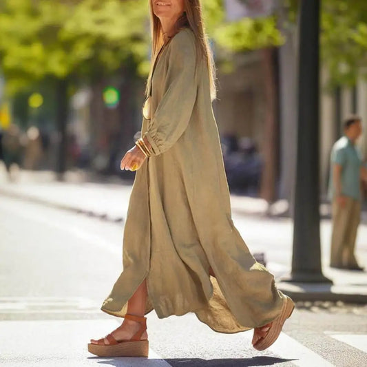 Spring Autumn Women Long Dress Loose Button-down 3/4 Sleeves Maxi Dress Pure Color V Neck Cardigan Casual Dress For Daily Wear