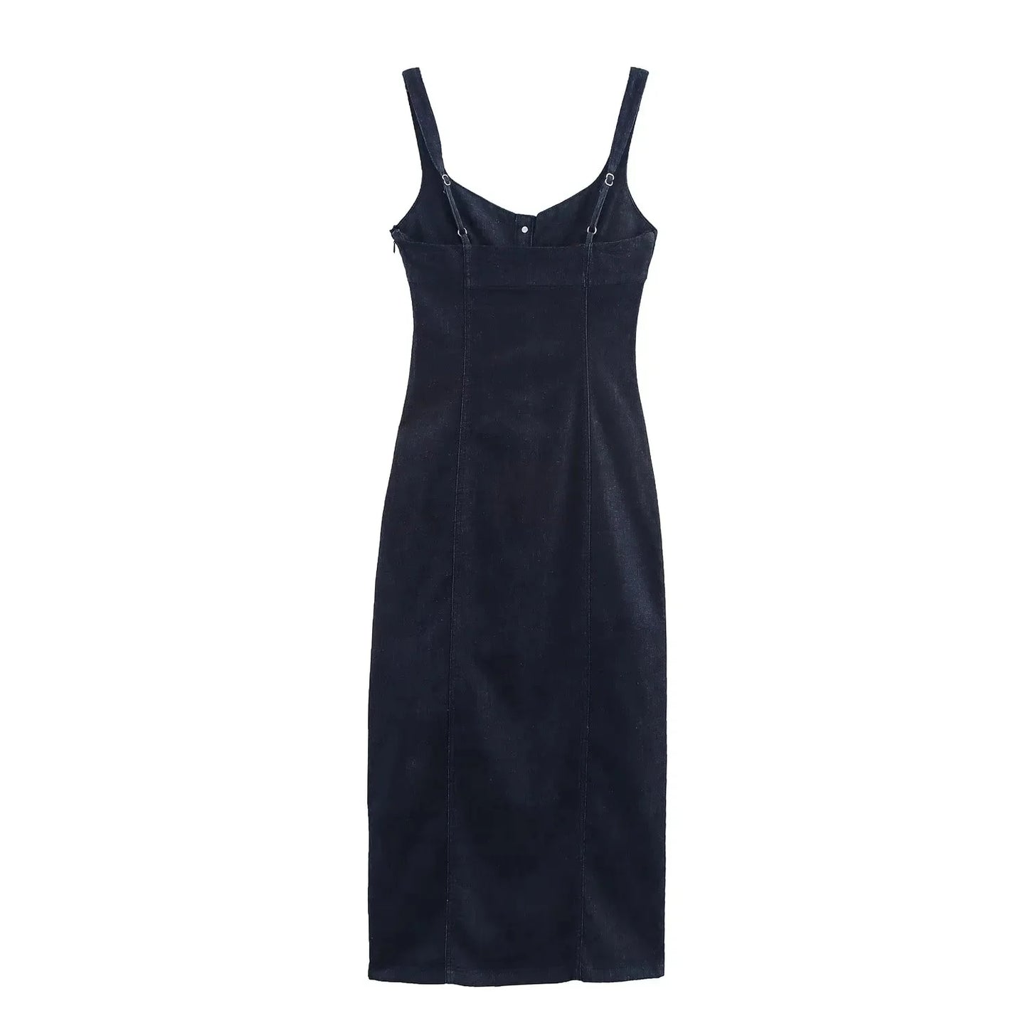 KONDALA Elegant Denim Suspender Dress Women's Single Breasted Hip Wrap Slim Dress 2025 Spring Summer Casual Versatile Lady Dress