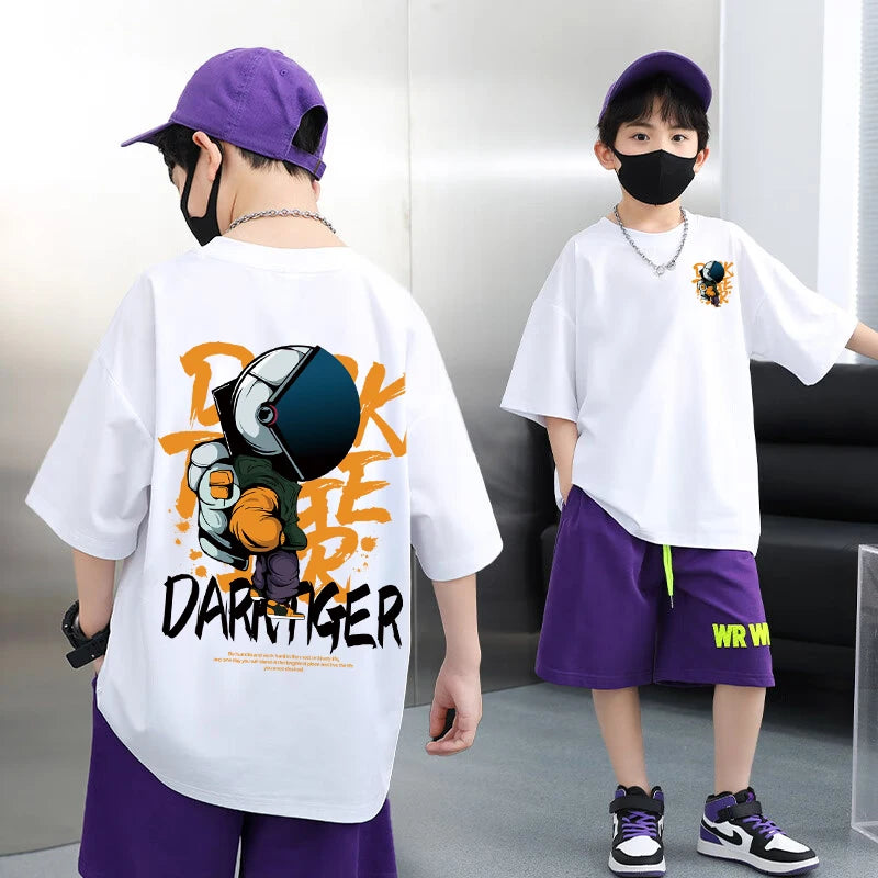 100% Cotton Boys T-shirt Summer Streetwear Cool Graffiti Print Girls Tees Short Sleeve Children Tops High Quality Kids Clothes