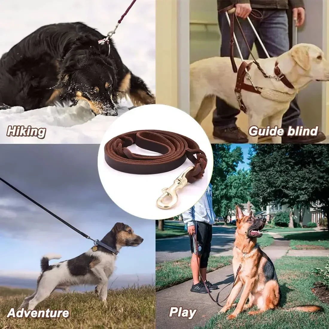 Handmade Genuine Leather Braided Dog Leash Heavy-Duty Training Lead with Metal Hook for Medium/Large Pets Dog Collar
