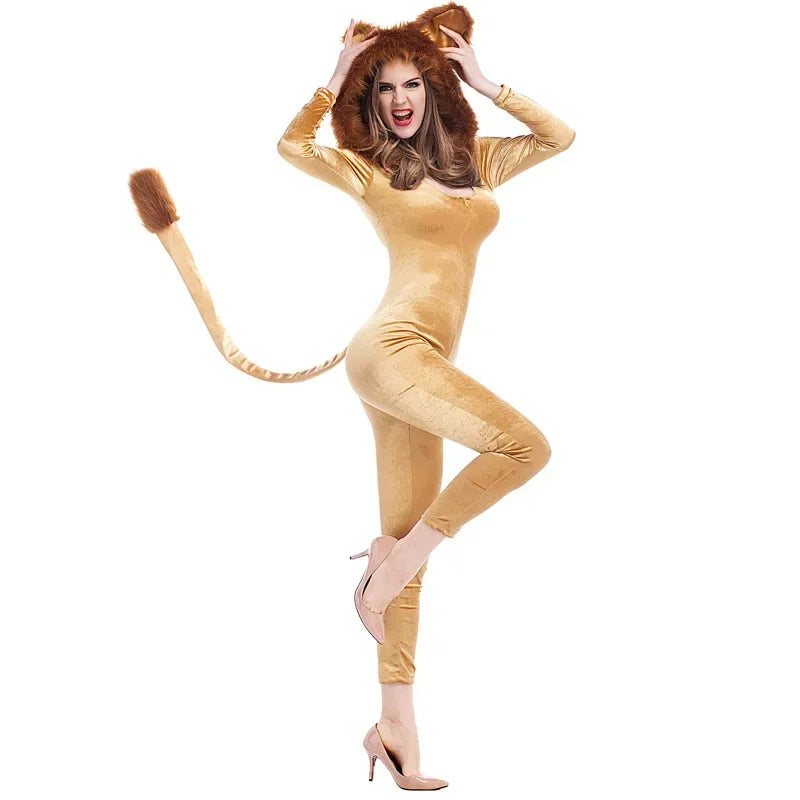 Halloween Costume For Adult Women Lion King Cosplay Animal Cartoon Lion Plush Hooded Jumpsuit With Tail+Leg Cover