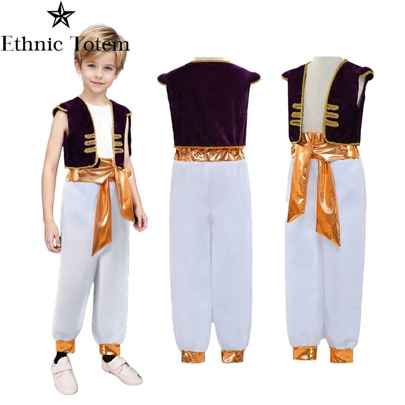 Boys  Arabian Prince Costumes Suit Halloween Party Stage Performance Outfits Kids Vest Pants Belt Street Wear Clothes