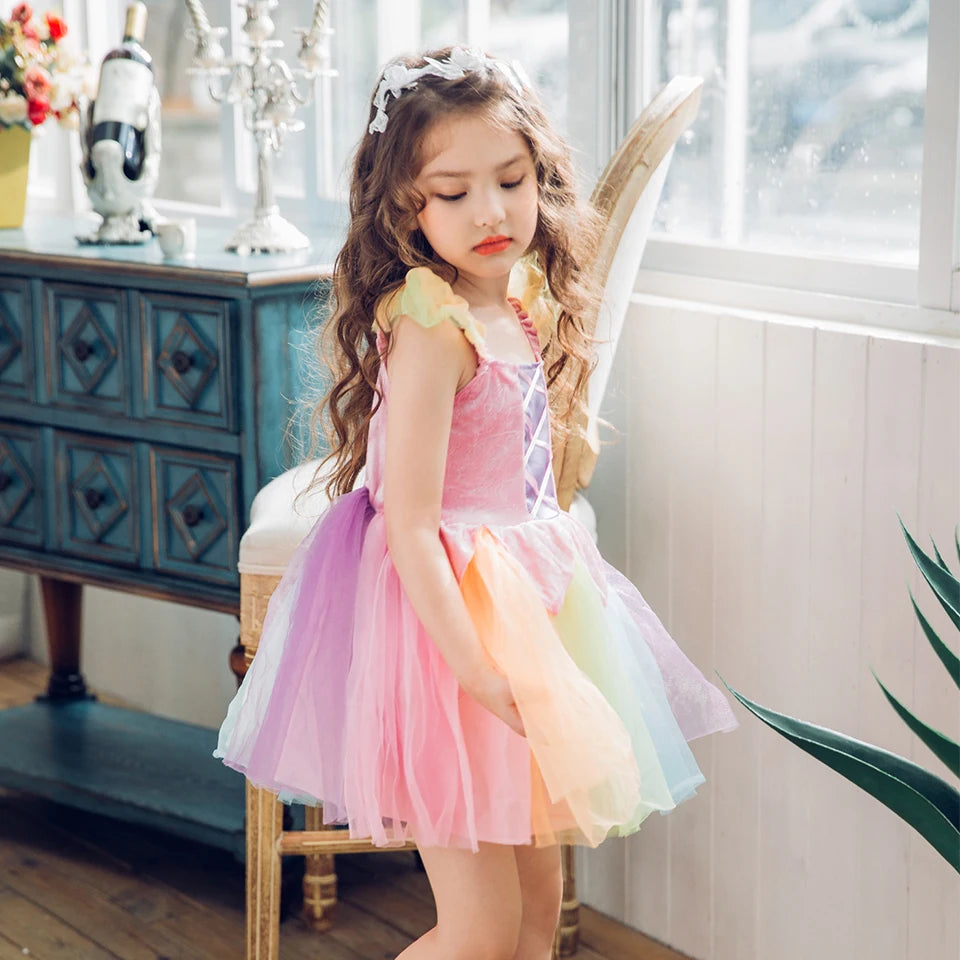 Cheap Top Quality Summer Fancy Baby Girl Fairy Rainbow Tutu Dress Halloween Cosplay Elf Princess Carnival Infant Party Ball Gown