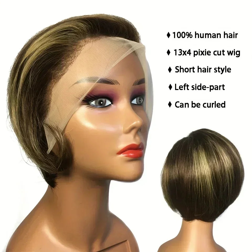 13x4 Lace Front Pixie Cut Bob Wig Highlight Honey Blonde Ombre Brazilian Remy Human Hair Pre‑Plucked Natural Hairline Soft