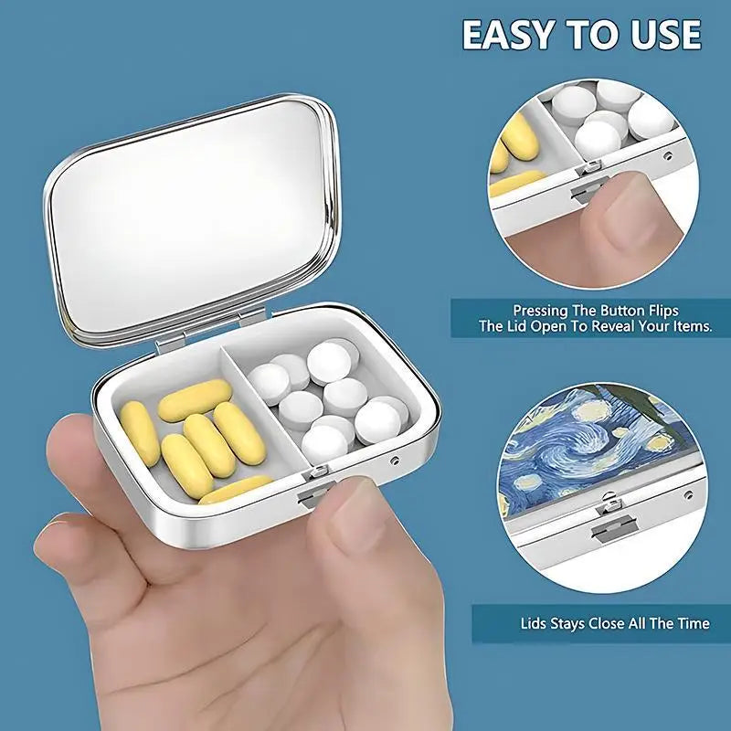 【WA】LUCKY TUNA Sardines Print Metal Pill Box, Portable 2-Compartment Travel Pill Organizer For Vitamins & Pills