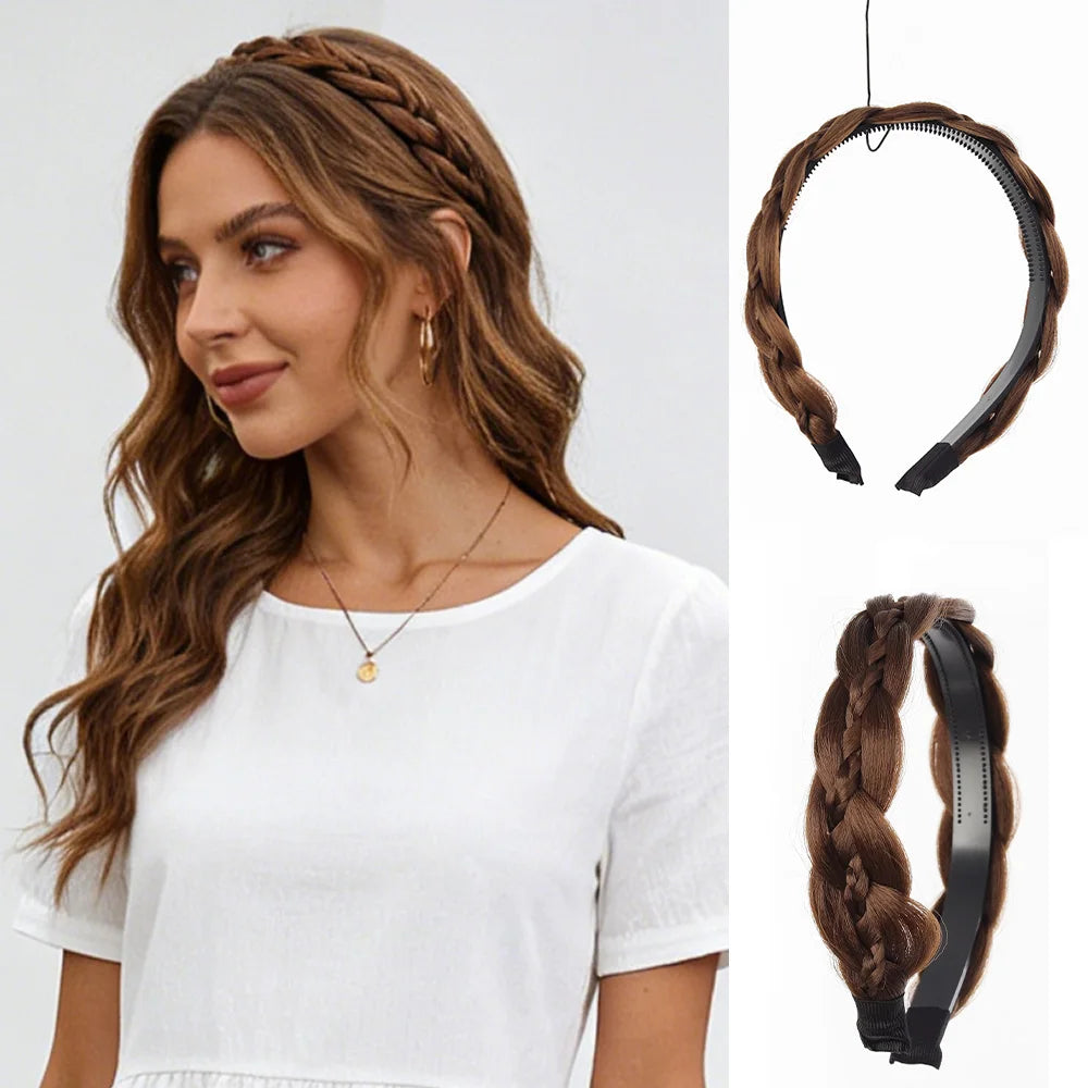 Synthetic Ladies Hair Wide Fishbone Braids Non-slip Headband Handmade Retro Headband Styling Headwear Accessories
