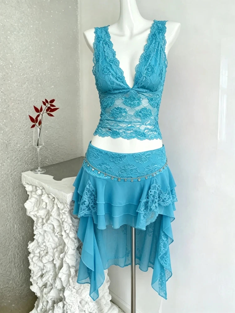 Summer Women 2 Piece Set Deep V Sleeveless Tops + Ribbon Hip Multi Layer Skirt Printed Sexy Suit Seaside Beach Vacation Wear New