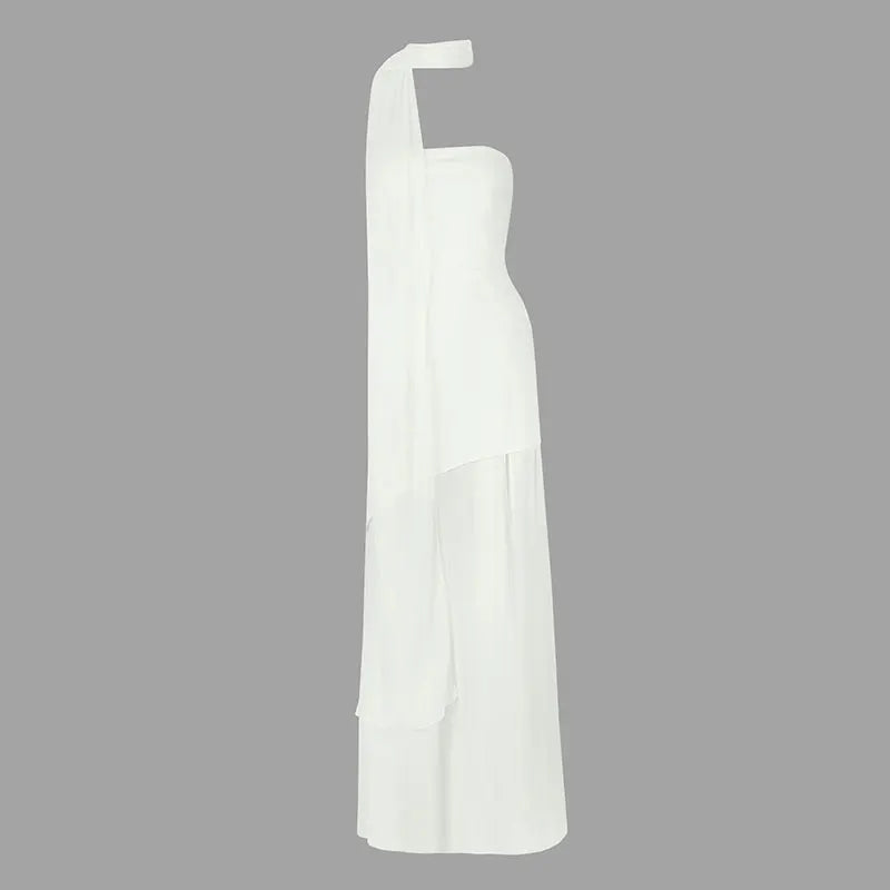 Summer New Women Dresses Streetwear Fashion Ribbon Zippers Split Maxi Dress Solid Sexy Sleeveless Strapless Lady Dress Clothing