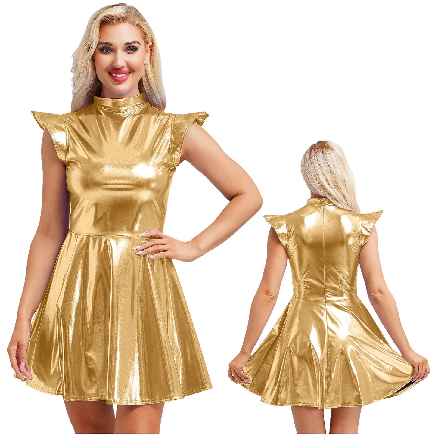 Womens High Waist A-line Dress Shiny Metallic Mock Neck Cap Sleeve Dress Modern Pole Dance Rave Party Bar Club Wear Street Wear