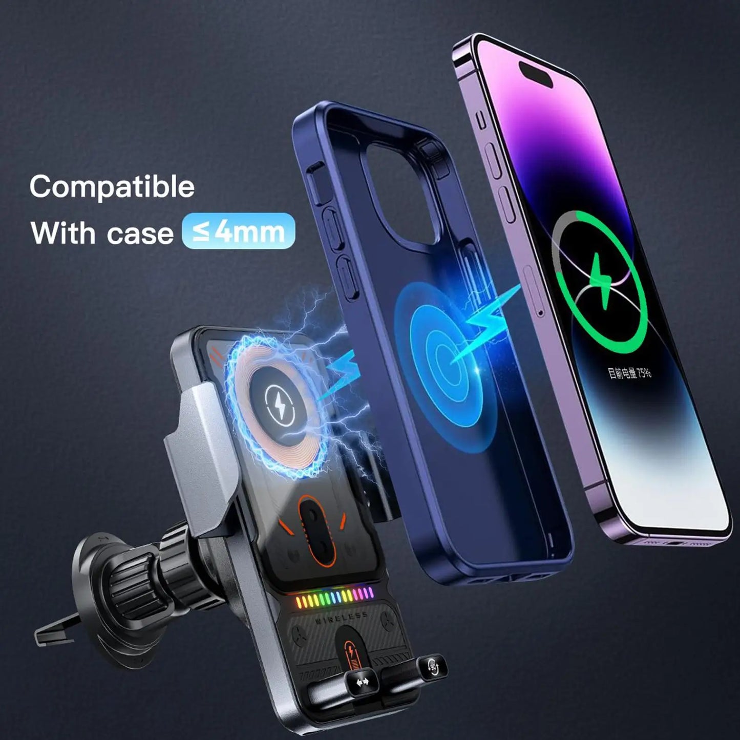 15W Auto-Clamping Wireless Car Charger Mount Fast Charging Air Vent Phone Holder with One-Hand Operation for Driving