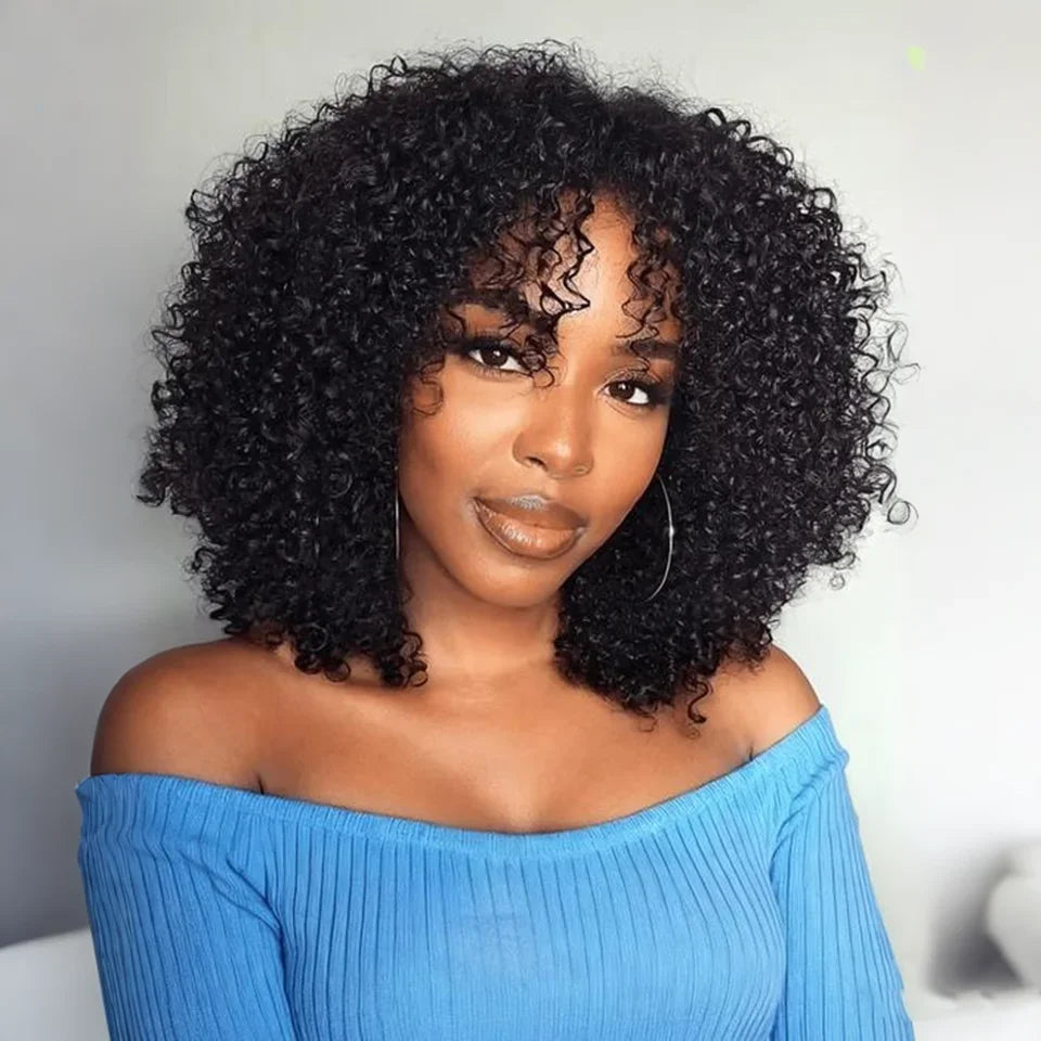 Mongolian Afro Kinky Curly Human Hair Wig Bob With Bangs For Black Women 180% 250% Density Brazilian Remy Full Machine Made Hair