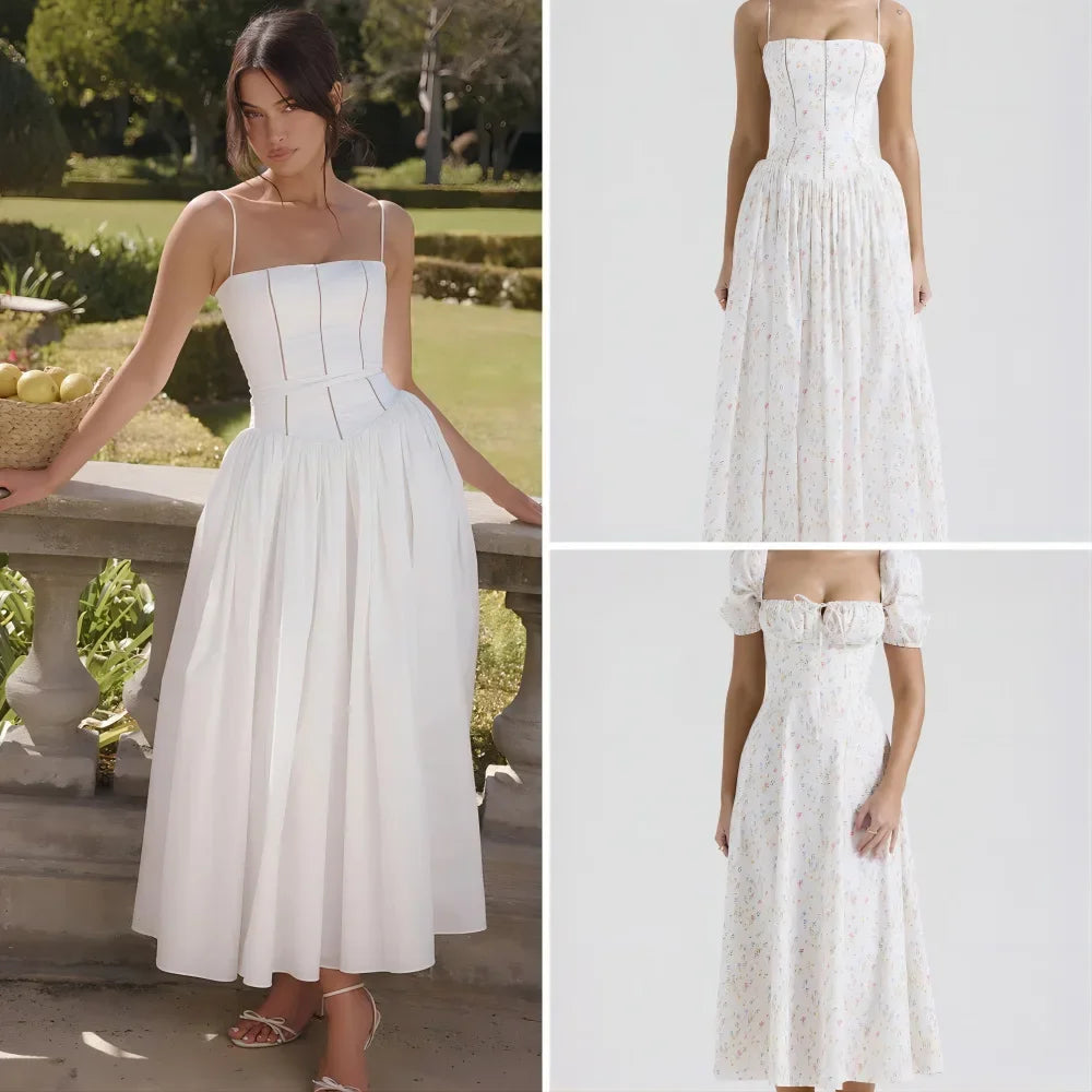 Elegant Fairylike French Style Gentle Floral Print Strapless Midi Dress Slimming Women's Fashion High End Feeling Dress