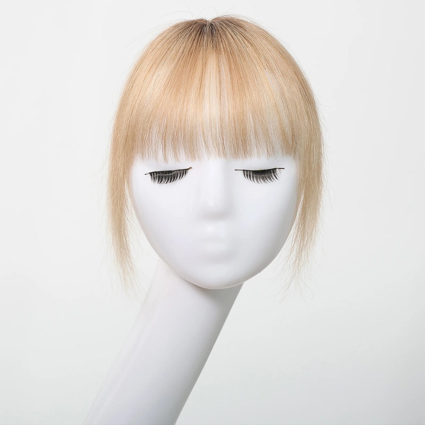 100% Human Hair Blonde Ombre Blunt Cut Wispy Bangs with Sideburns 5x5cm Clip-in Fringe Hairpiece with Top Hair Patch for Daily