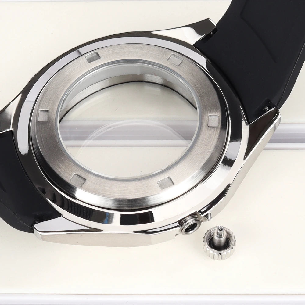 42mm Silver NH35 Watch Case Polished Brushed Black strap SapphireGlass For Nautilus AQUANAUT Cases Part NH35 NH36 NH38 32mm Dial
