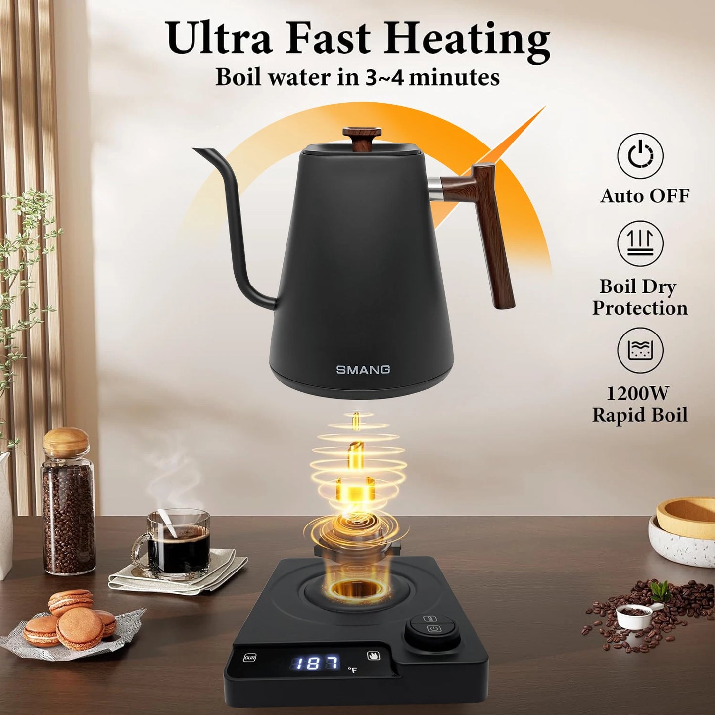 SMANG 1200W Gooseneck Electric Kettle 1L Temperature Control Coffee Kettle Pour Over Coffee Kettle Coffee and Tea Kettle