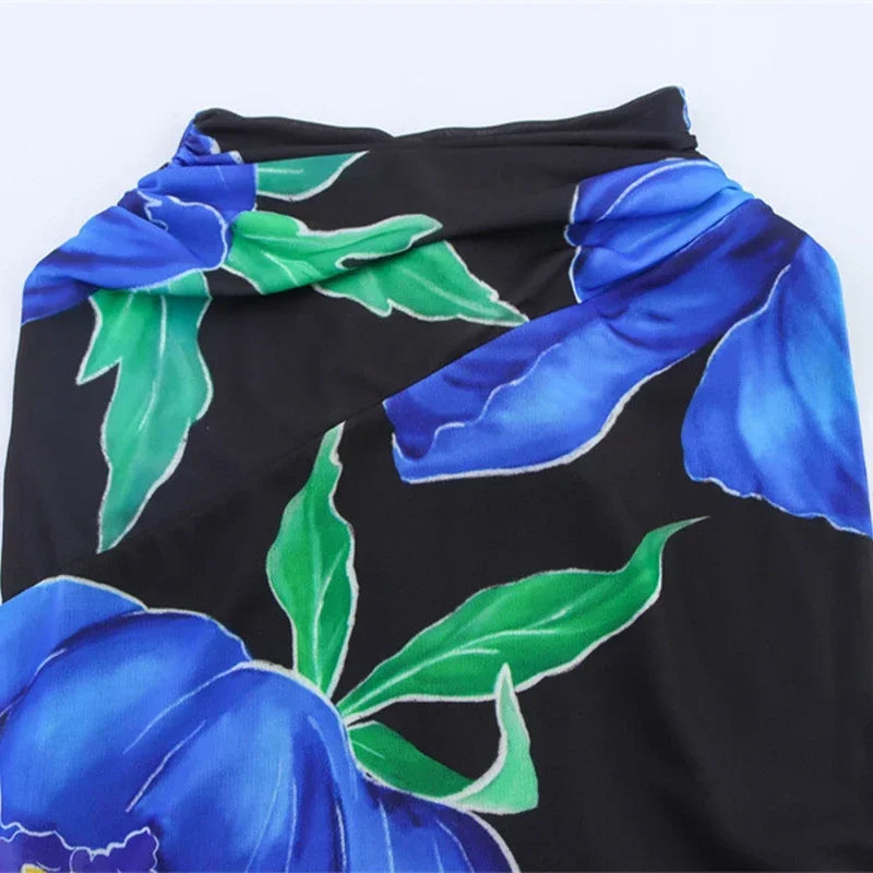 Sexy Flower Print Top Long Skirt Set Women Slim Ruffle Strap U-neck Top Loose High Waist Skirts  Fashion Summer Party Suit