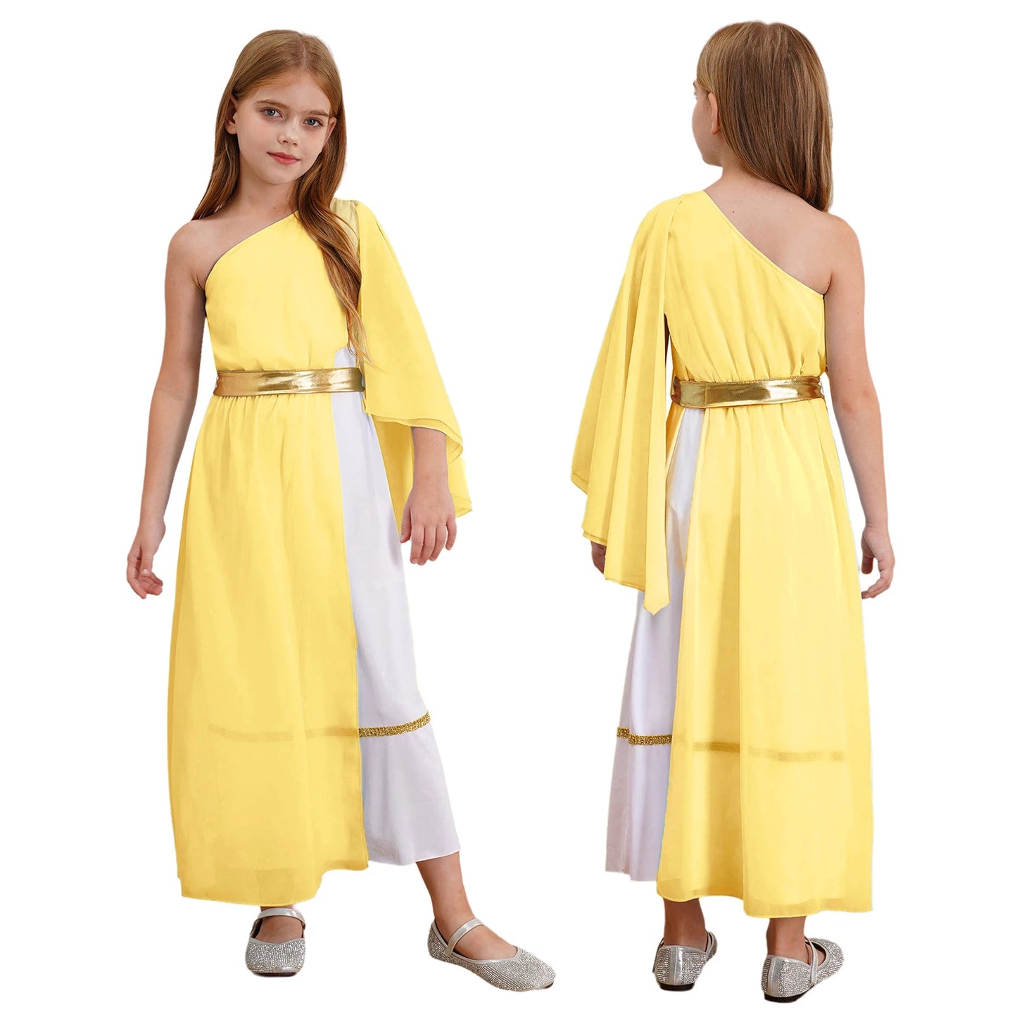 Halloween Virgin Mary Costume for Kids Girls Fancy Greek Princess Cosplay Long Sleeve Ruffle Dress with Chiffon Cape Theme Party