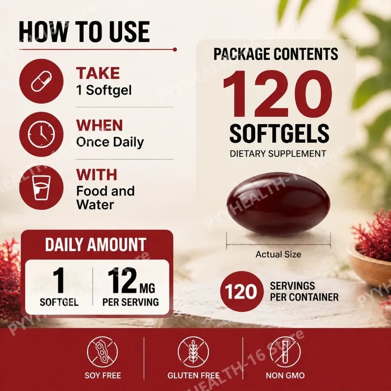 Astaxanthin Softgels 12 Mg From Microalgae Triple Strength, Antioxidant Support for Skin Aging, Eye Health, 120 Softgels