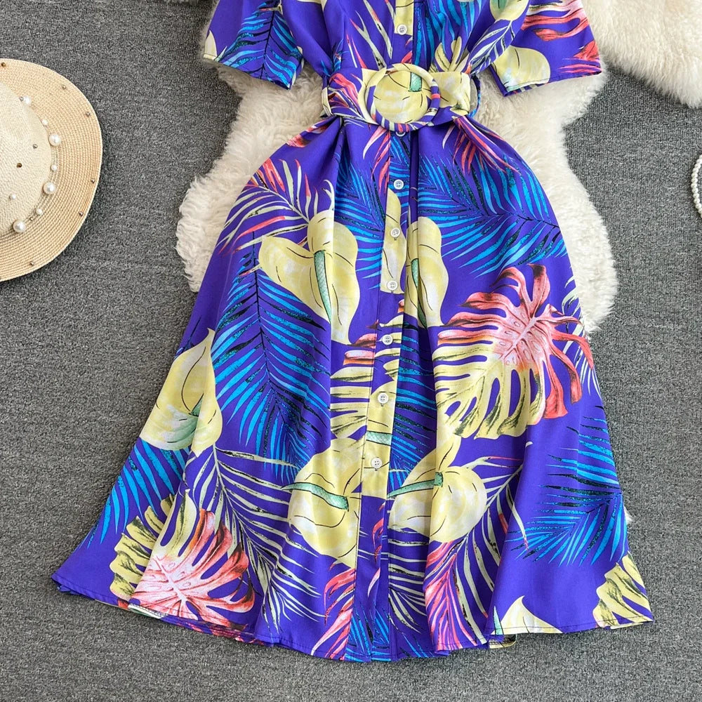 2024 New Summer Women Dress Fashion Print Floral A-line Shirt Dress with Belt Elegant Vintage Off Lady Dress Casual Vestidos