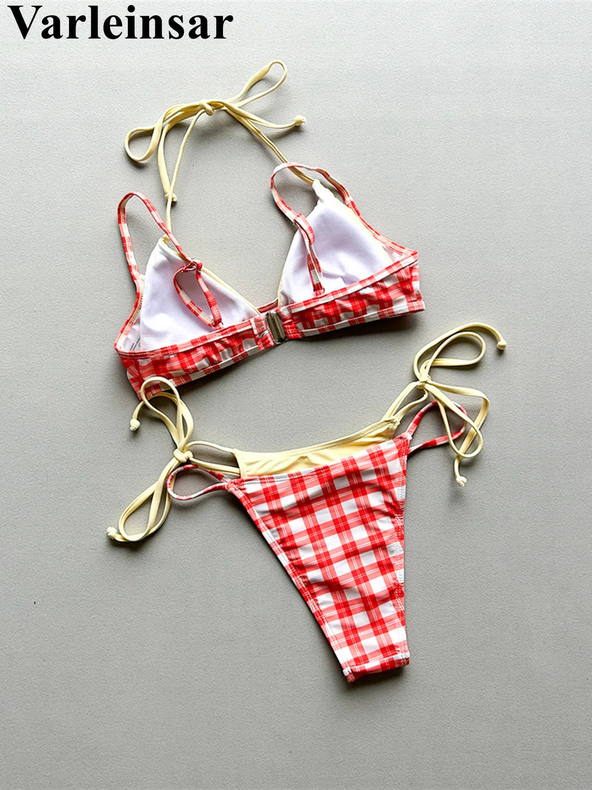 Sexy Polka Dot Plaid Halter Bikini Female Swimsuit Women Swimwear Two-Pieces Bikini Set Splicing Bather Bathing Suit Swim V8027