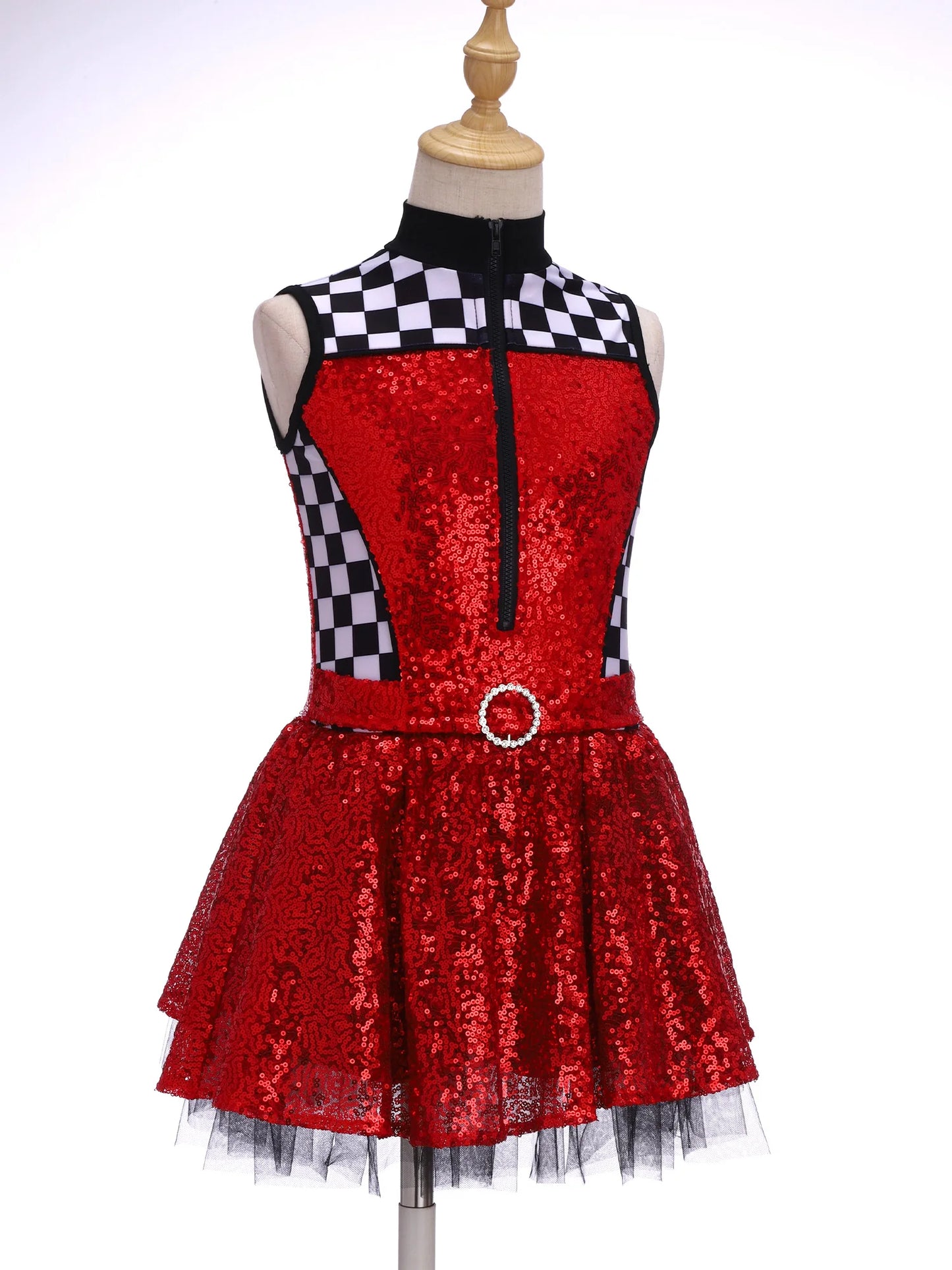 Kids Girls Checkerboard Racer Costume Halloween Car Driver Cosplay Leotard Dress with Tulle Skirt Themed Party Driving Roleplay